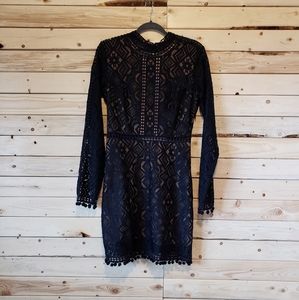 NWT free people FOR LOVE & LEMONS lace black dress keyhole faux nude lined mini